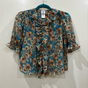 CAbi Cherish Floral Ruffle Blouse - Blue and Brown